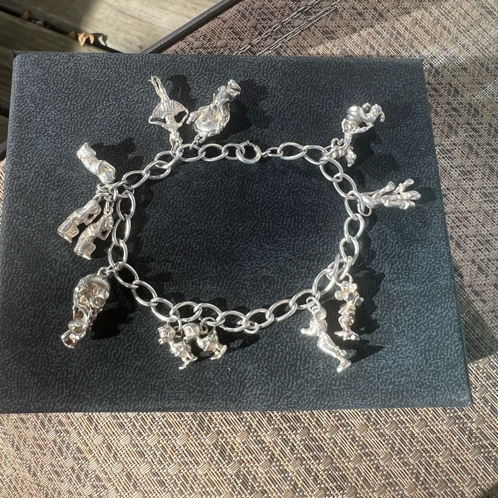 Sterling Disney Charm Bracelet — 7.5” — 8 Disney Charms + Gift Packaging